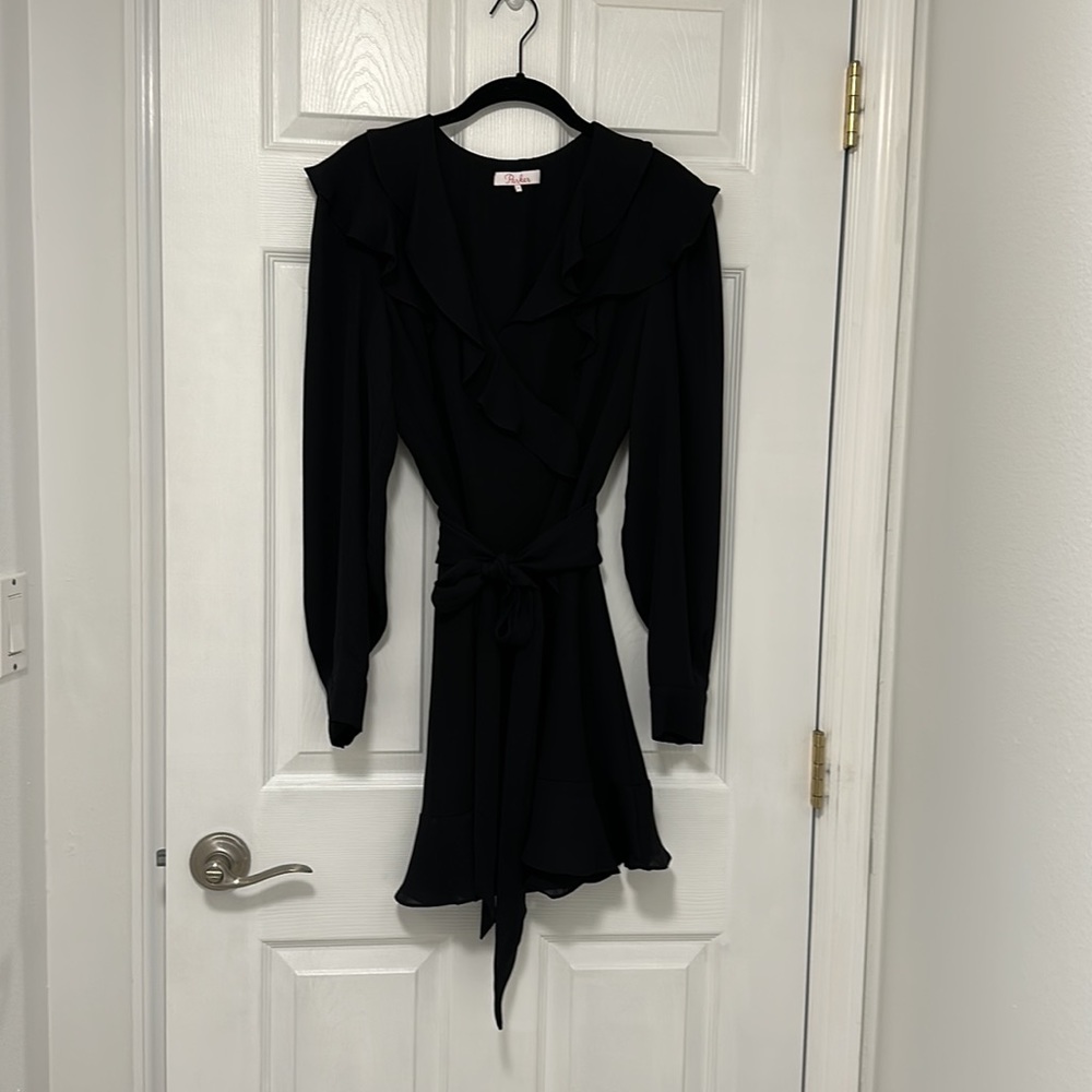 Parker Black SURPLICE TIE FRONT COCKTAIL 🍸 long sleeve Mini DRESS size 2 🏖️ - Picture 4 of 12